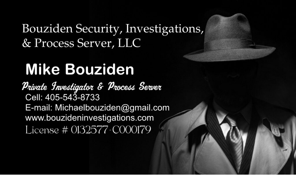 Bouziden Investigations business card